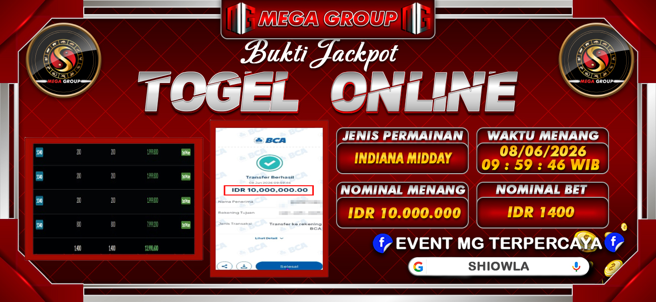 Bukti JP situs Shiowla hari Senin, 08 Juni 2026