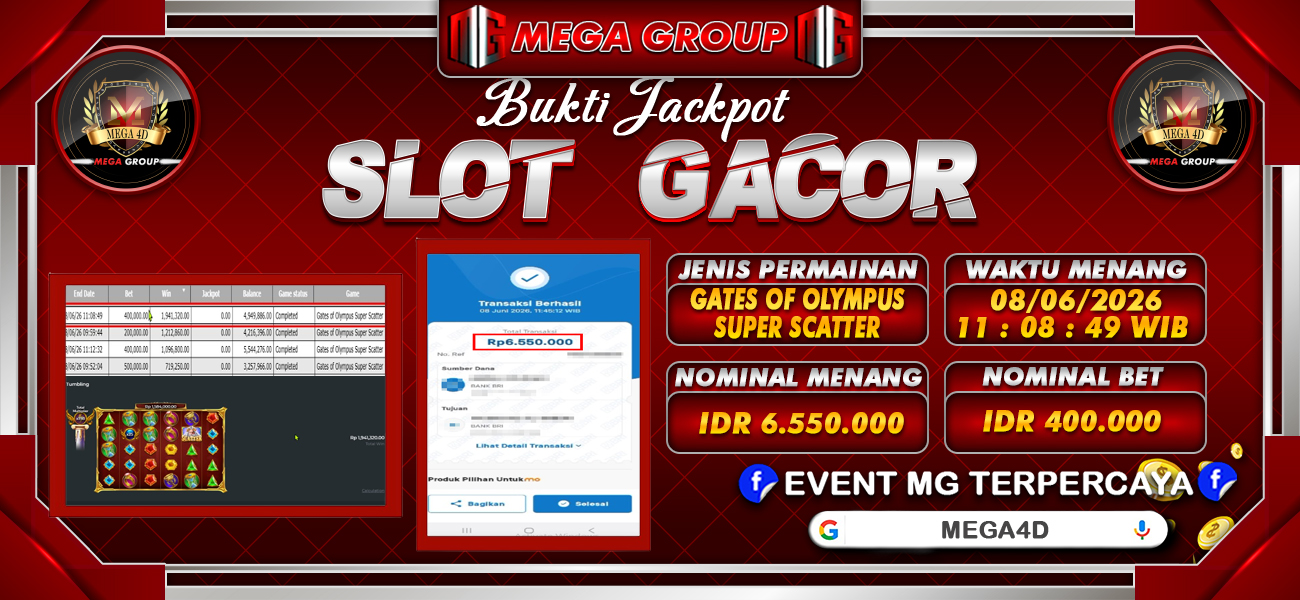 Bukti JP situs Mega4D hari Senin, 08 Juni 2026